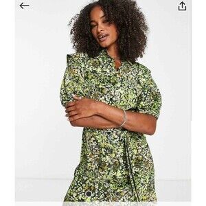 TopShop Mini Shirt Dress Puff Sleeve Neon Green Camo Womens Size 8